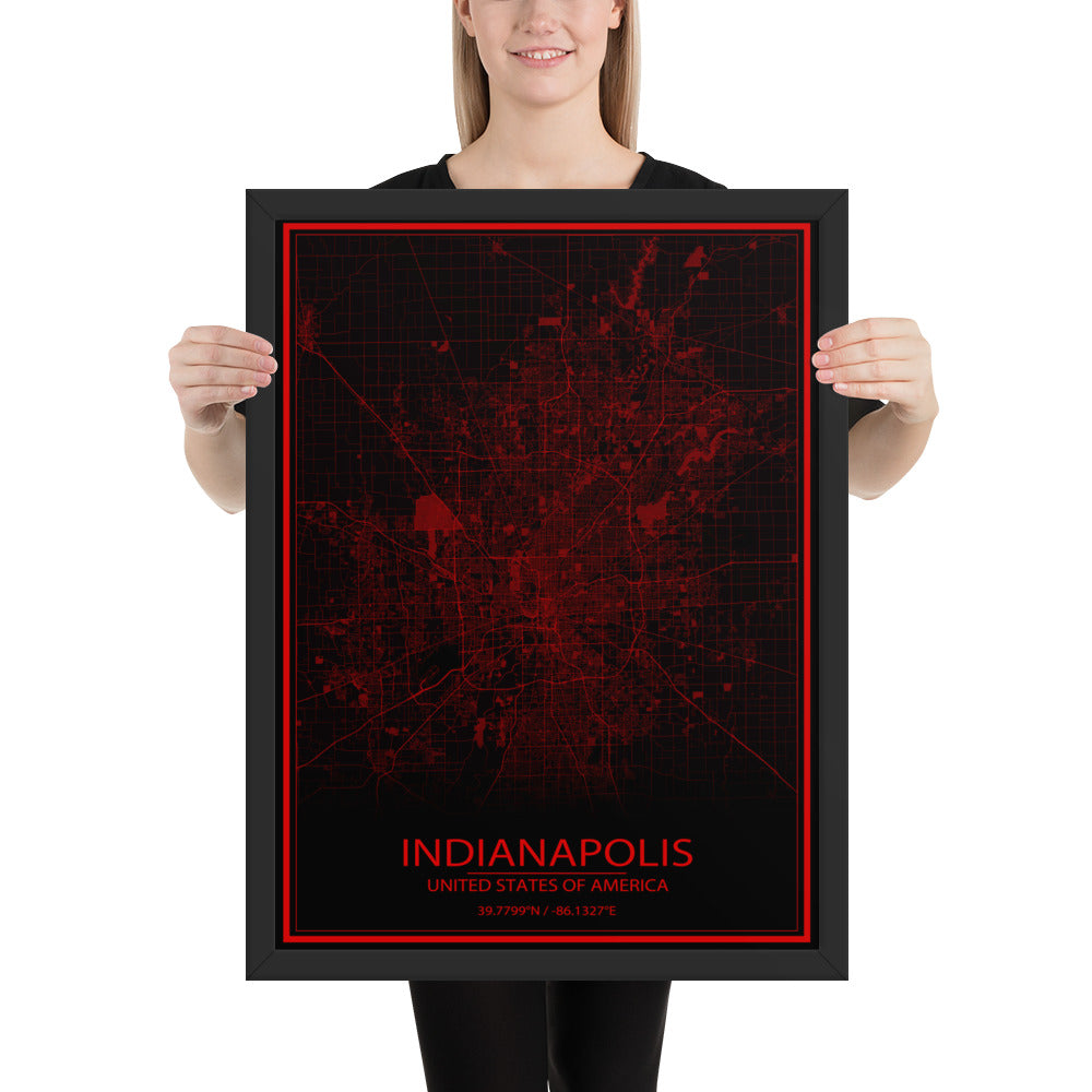 Indianapolis Black and Red Framed Map