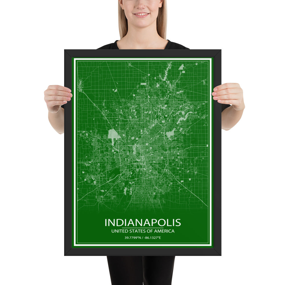 Indianapolis Green and White Framed Map