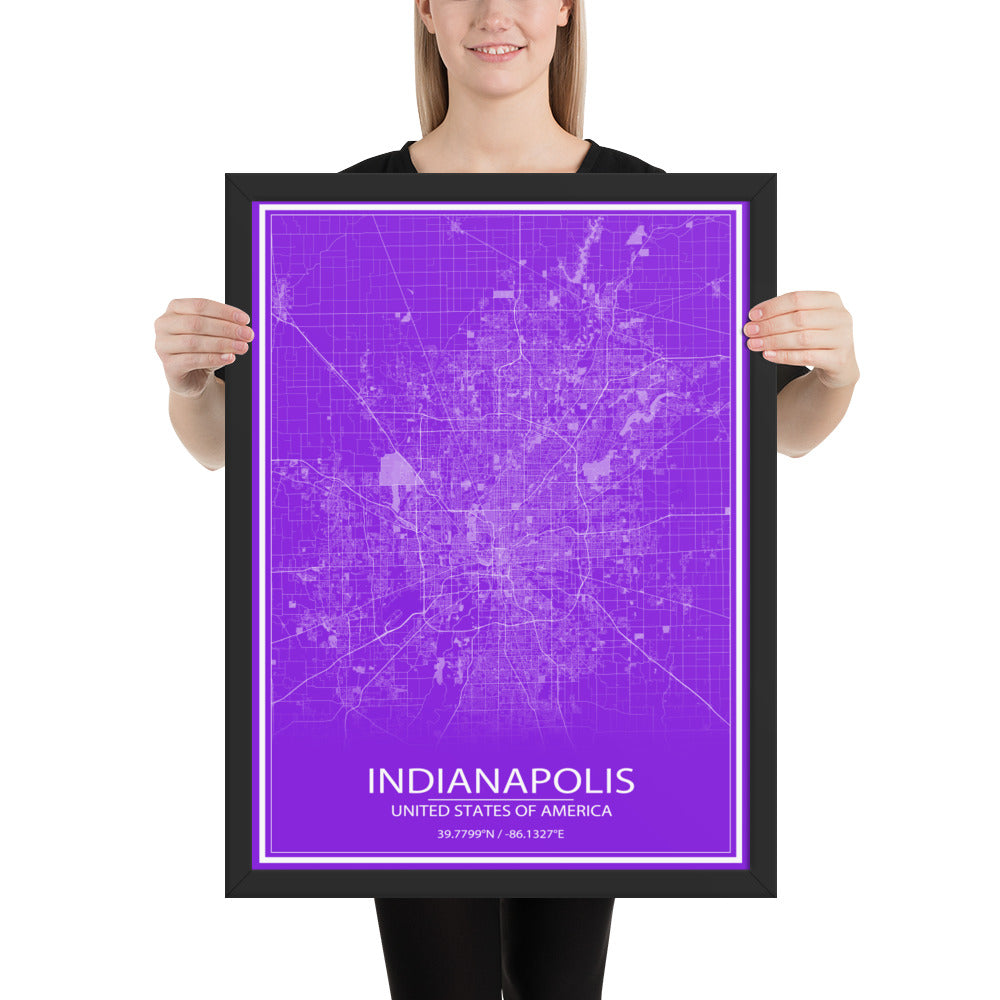 Indianapolis Purple and White Framed Map