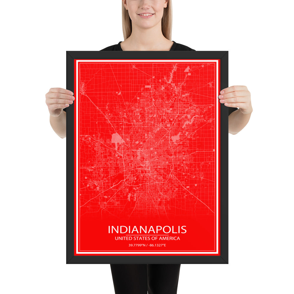 Indianapolis Red and White Framed Map