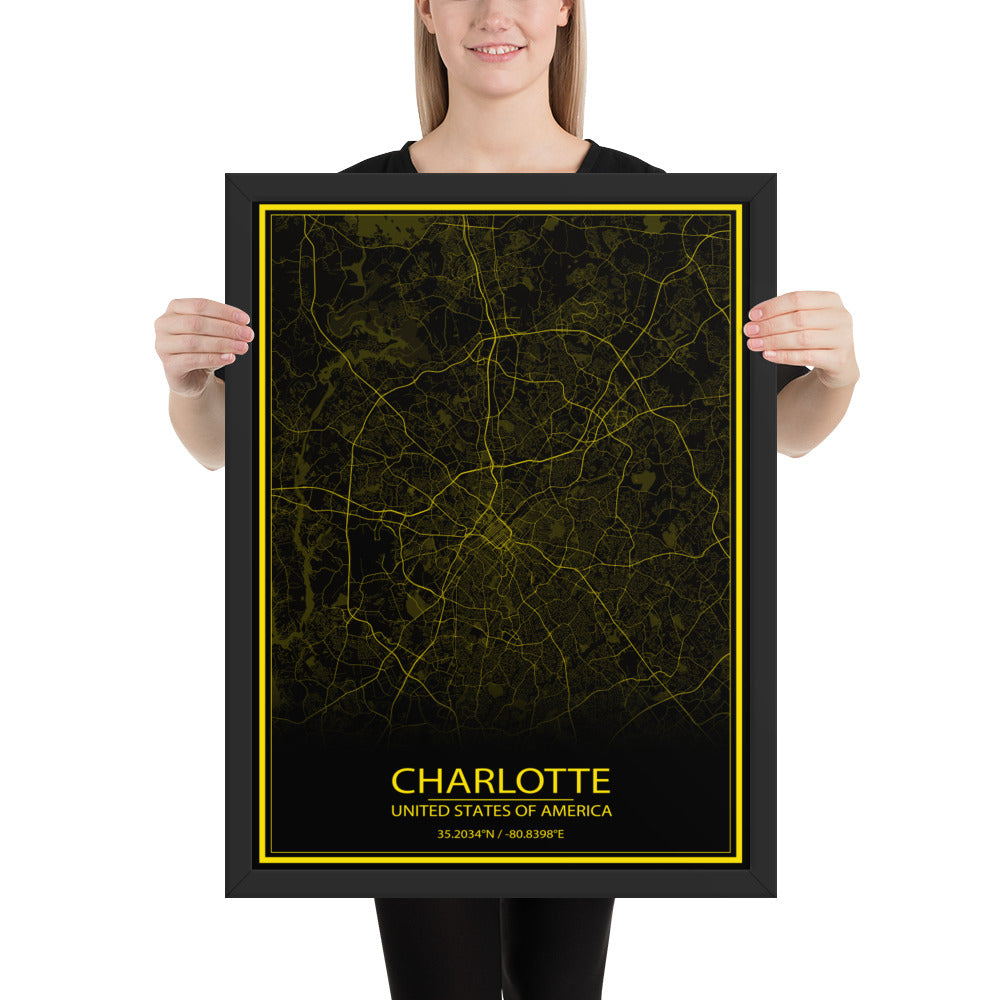 Charlotte Black and Yellow Framed Map