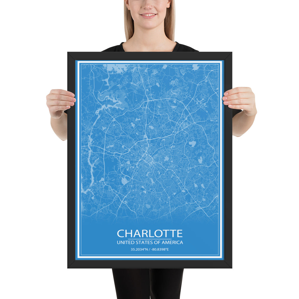 Charlotte Blue and White Framed Map