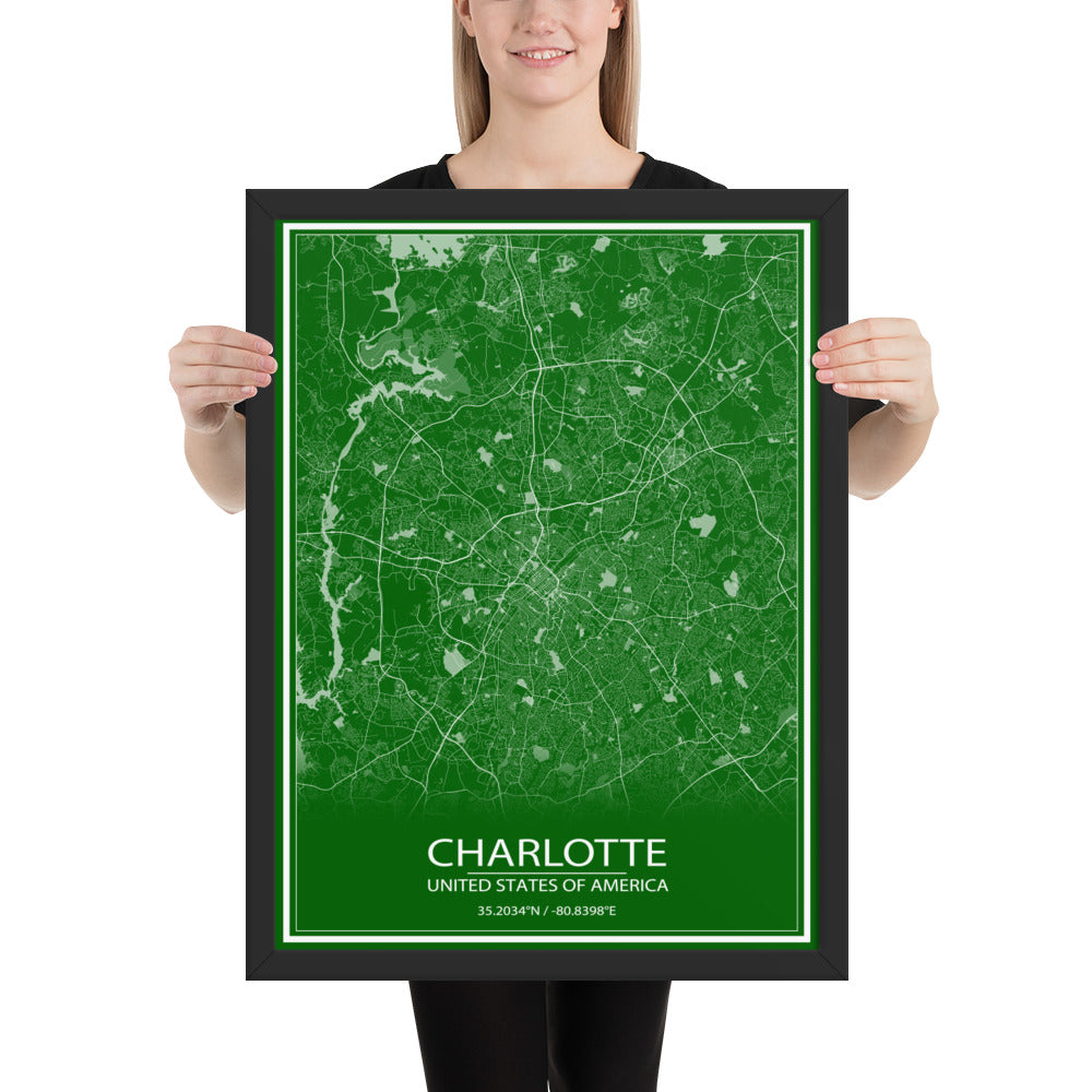 Charlotte Green and White Framed Map