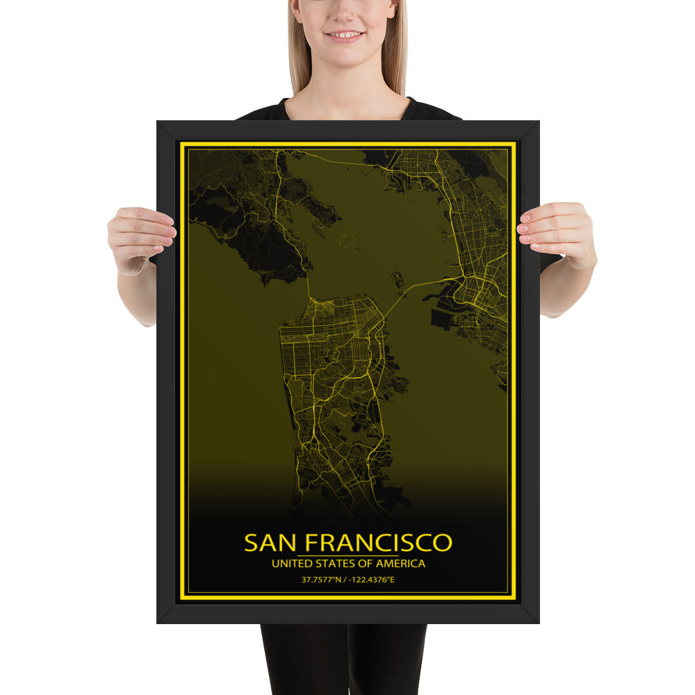 San Francisco Black and Yellow Framed Map