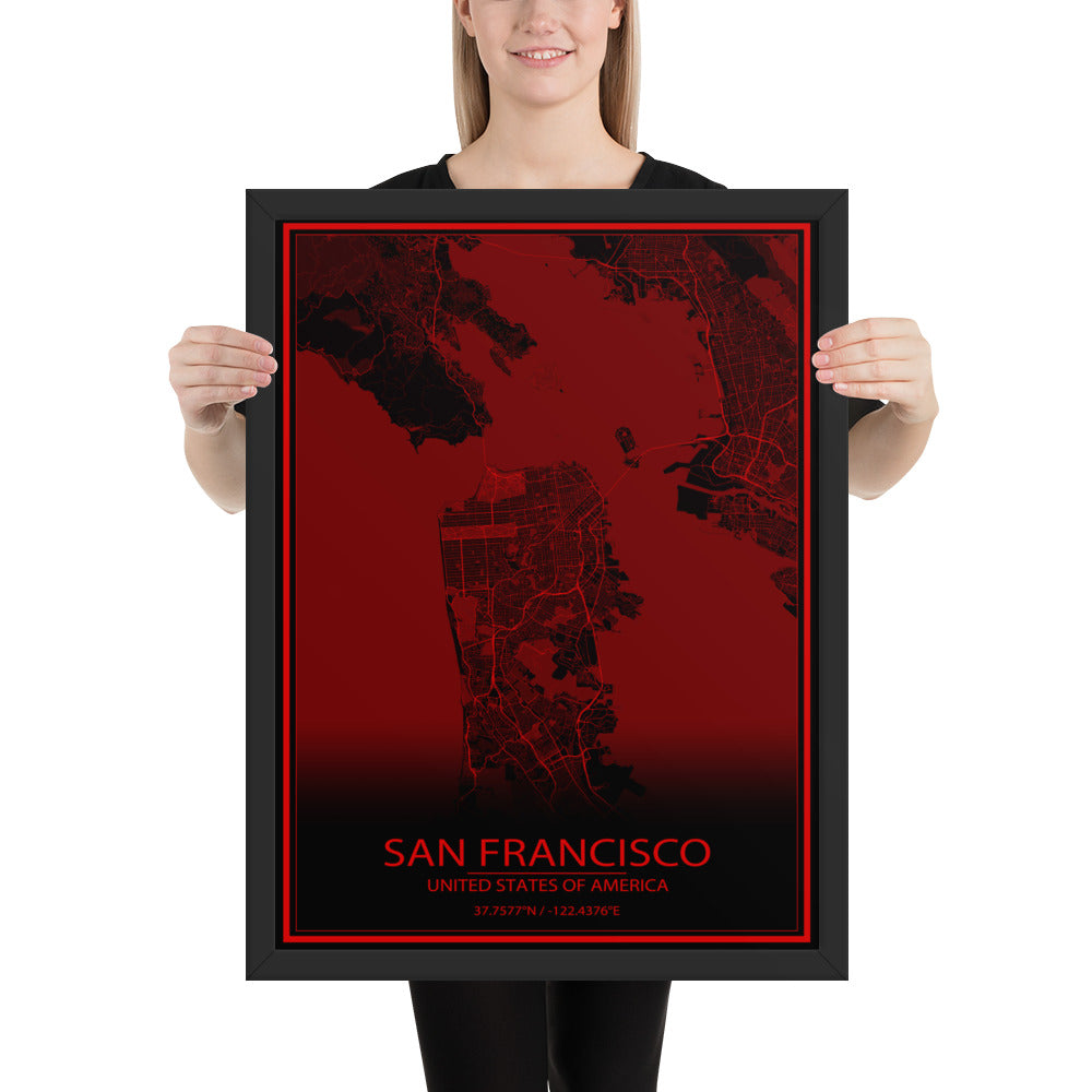 San Francisco Black and Red Framed Map