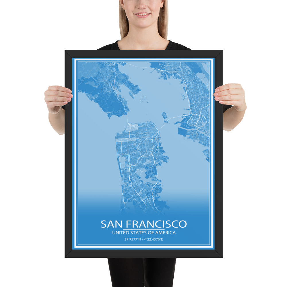 San Francisco Blue and White Framed Map