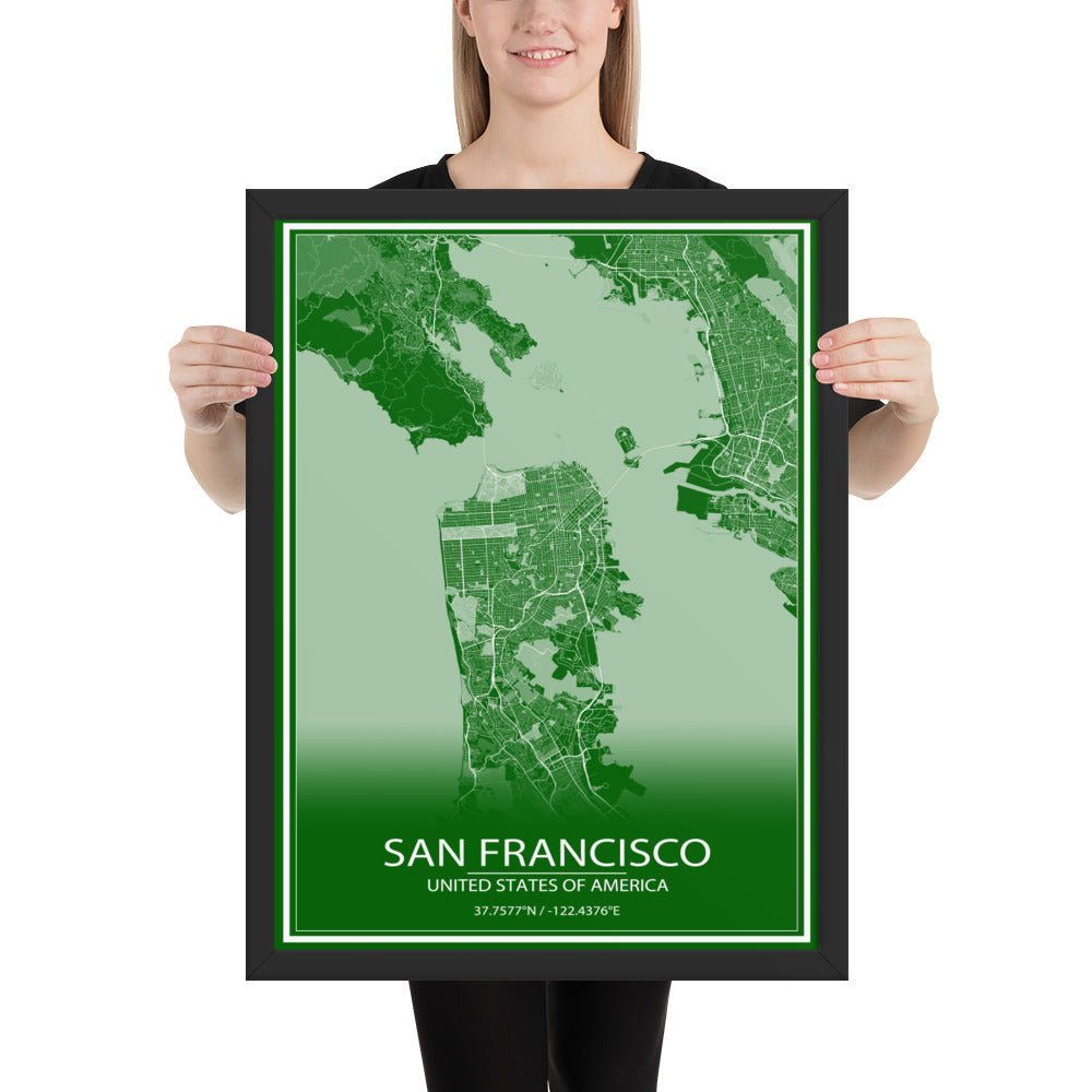 San Francisco Green and White Framed Map