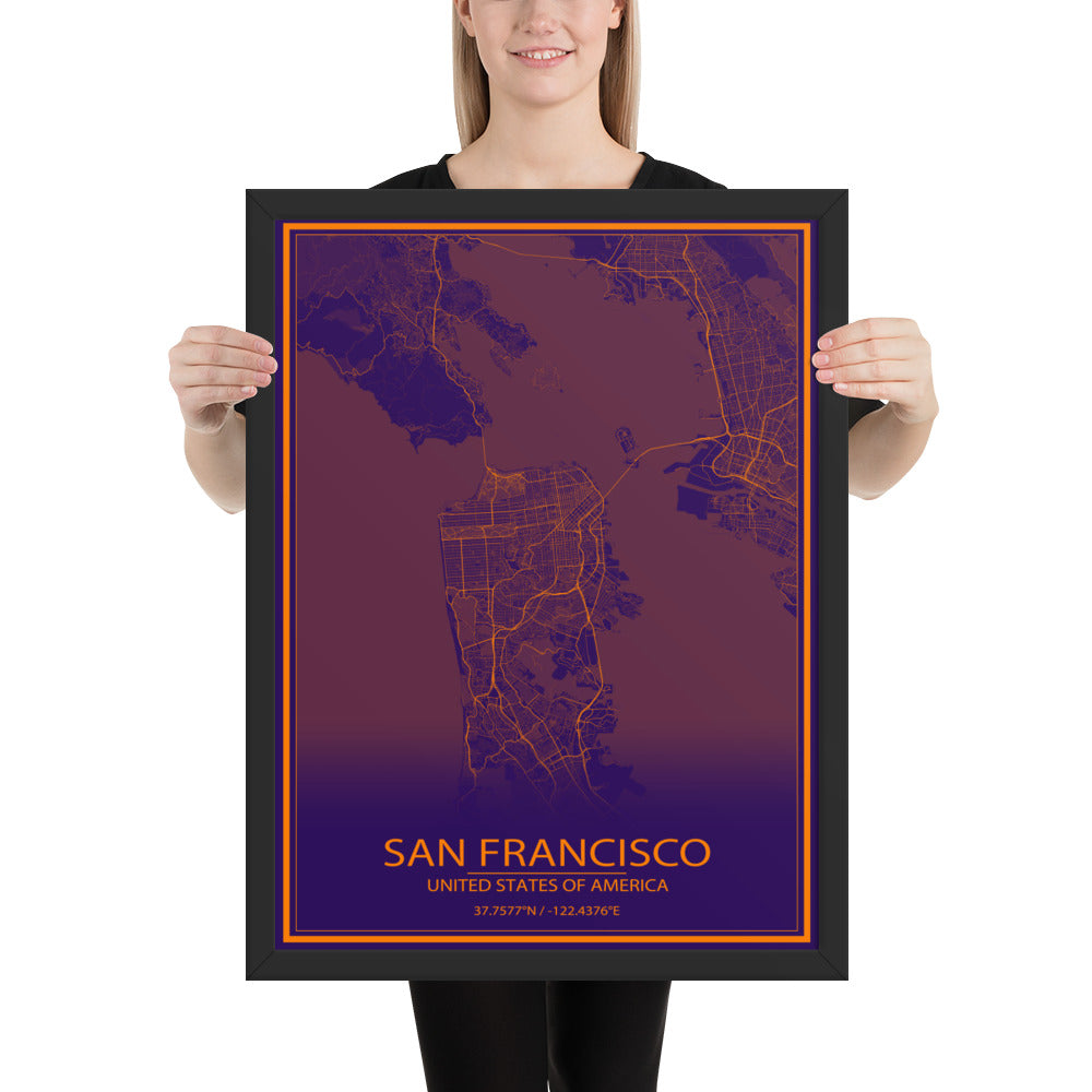 San Francisco Purple and Orange Framed Map