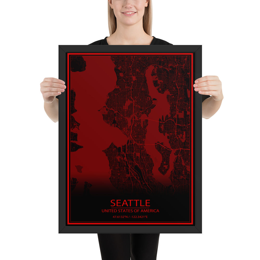 Seattle Black and Red Framed Map