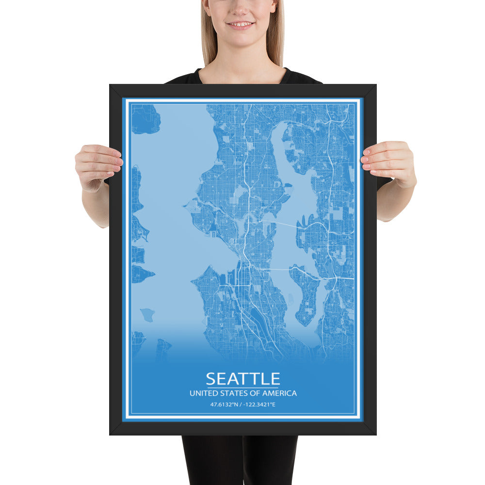 Seattle Blue and White Framed Map