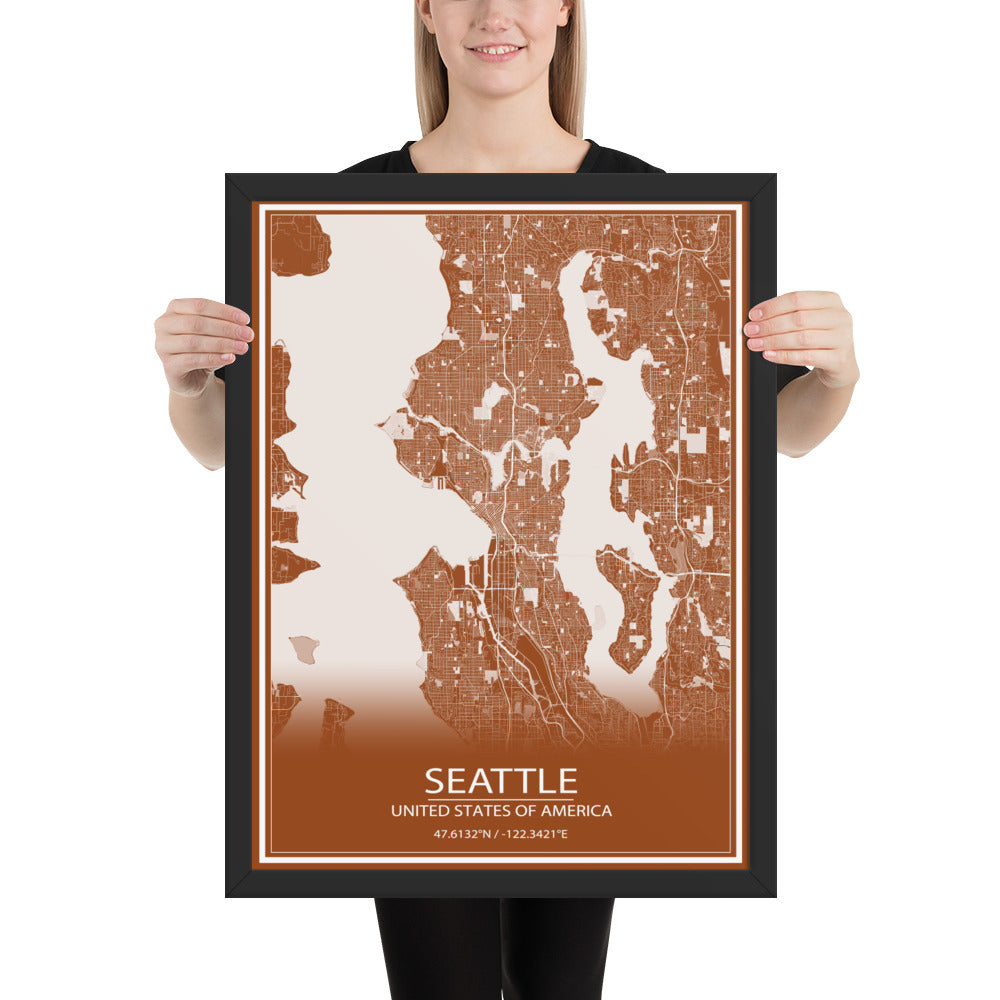 Seattle Brown and White Framed Map