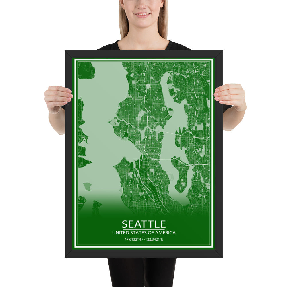 Seattle Green and White Framed Map