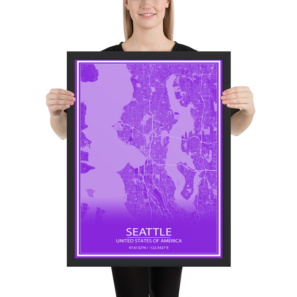 Seattle Purple and White Framed Map