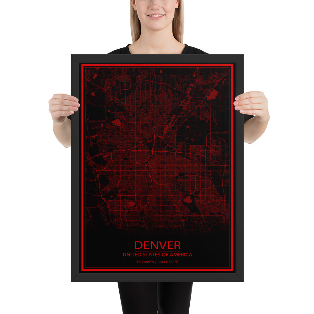 Denver Black and Red Framed Map