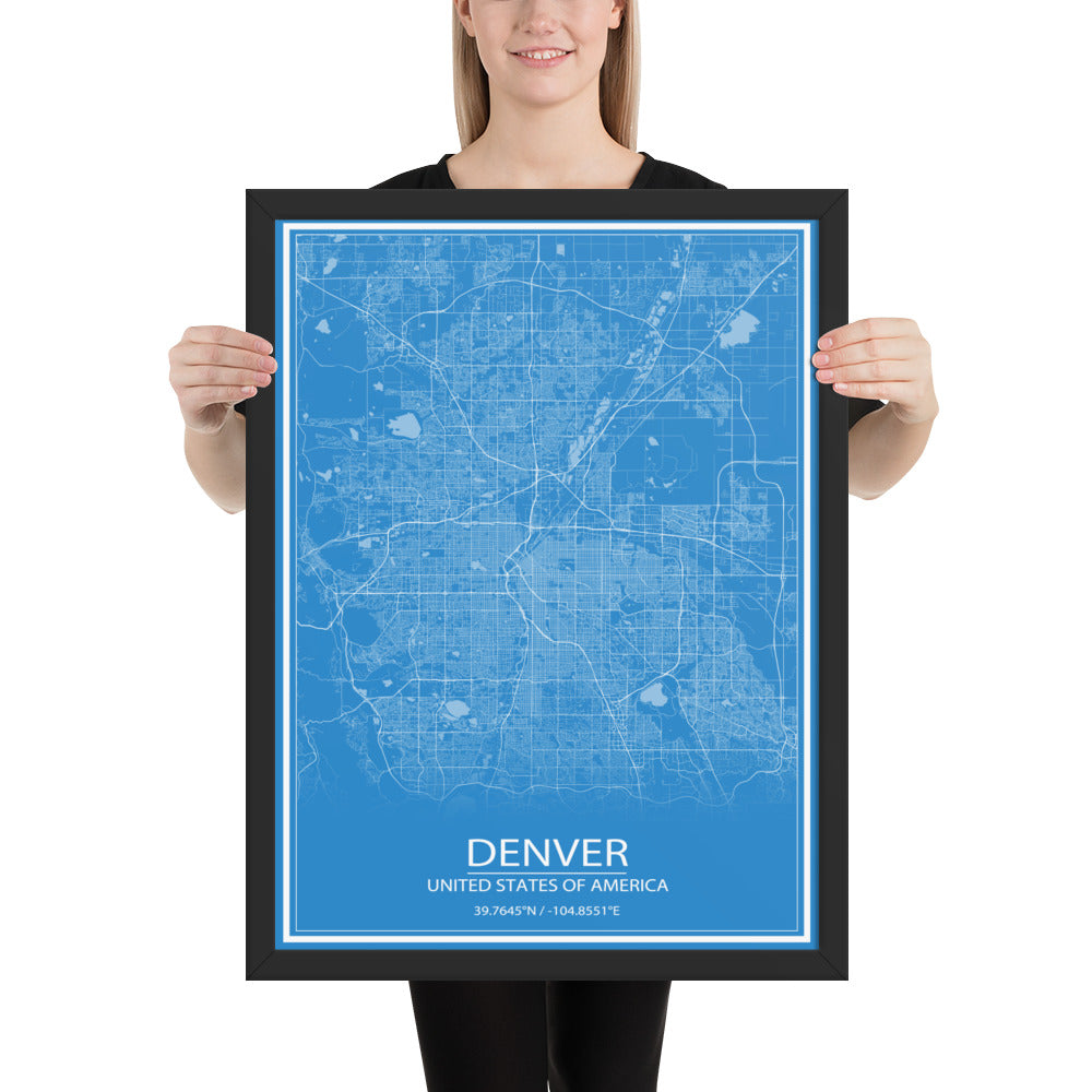 Denver Blue and White Framed Map