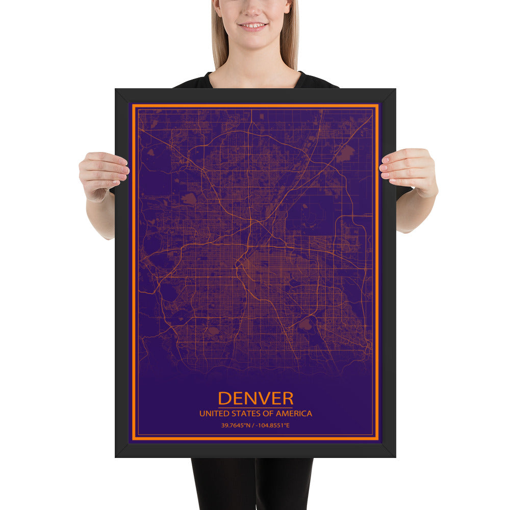 Denver Purple and Orange Framed Map