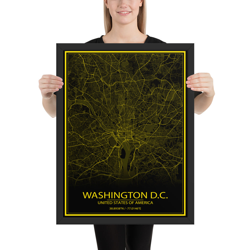 Washington, D.C. Black and Yellow Framed Map