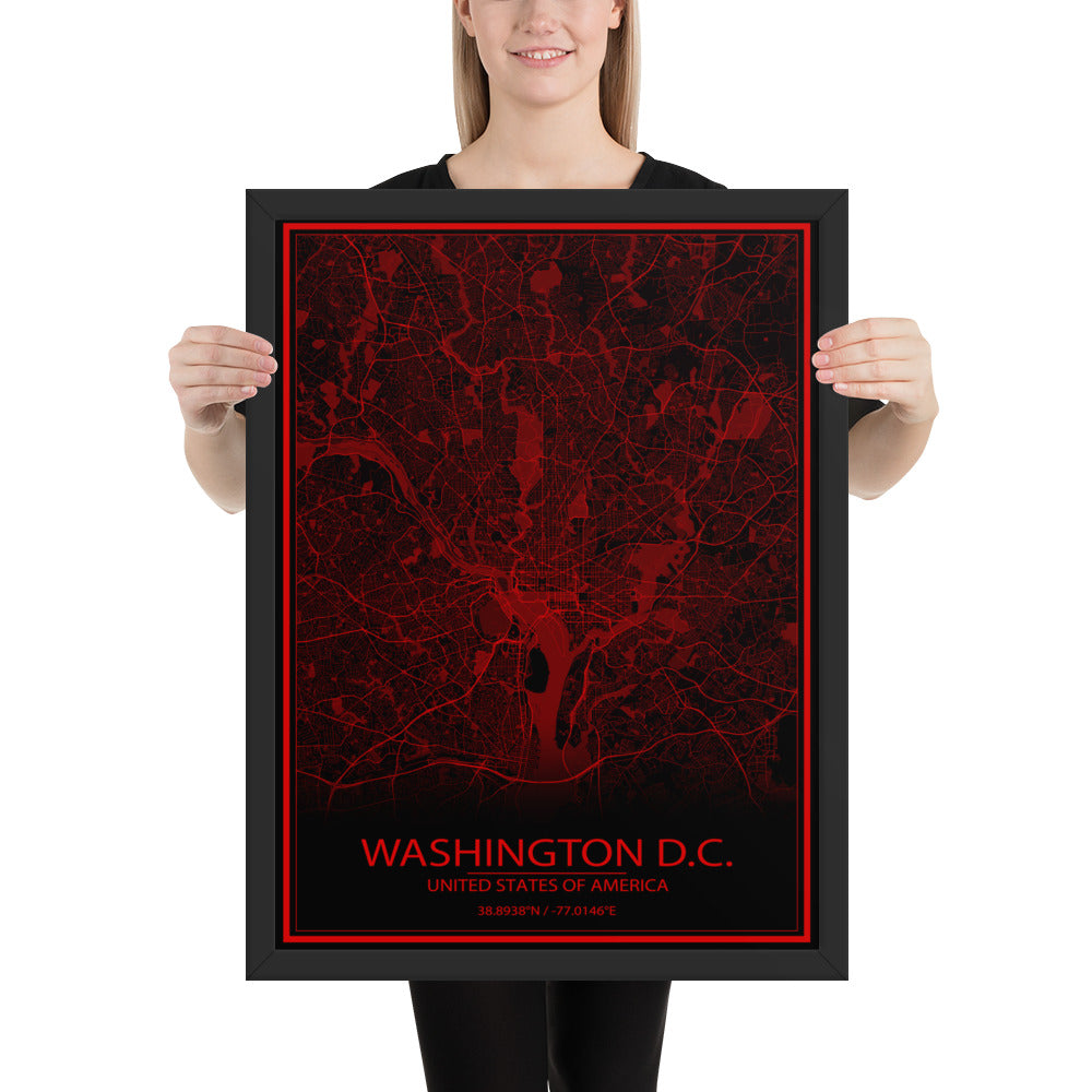 Washington, D.C. Black and Red Framed Map