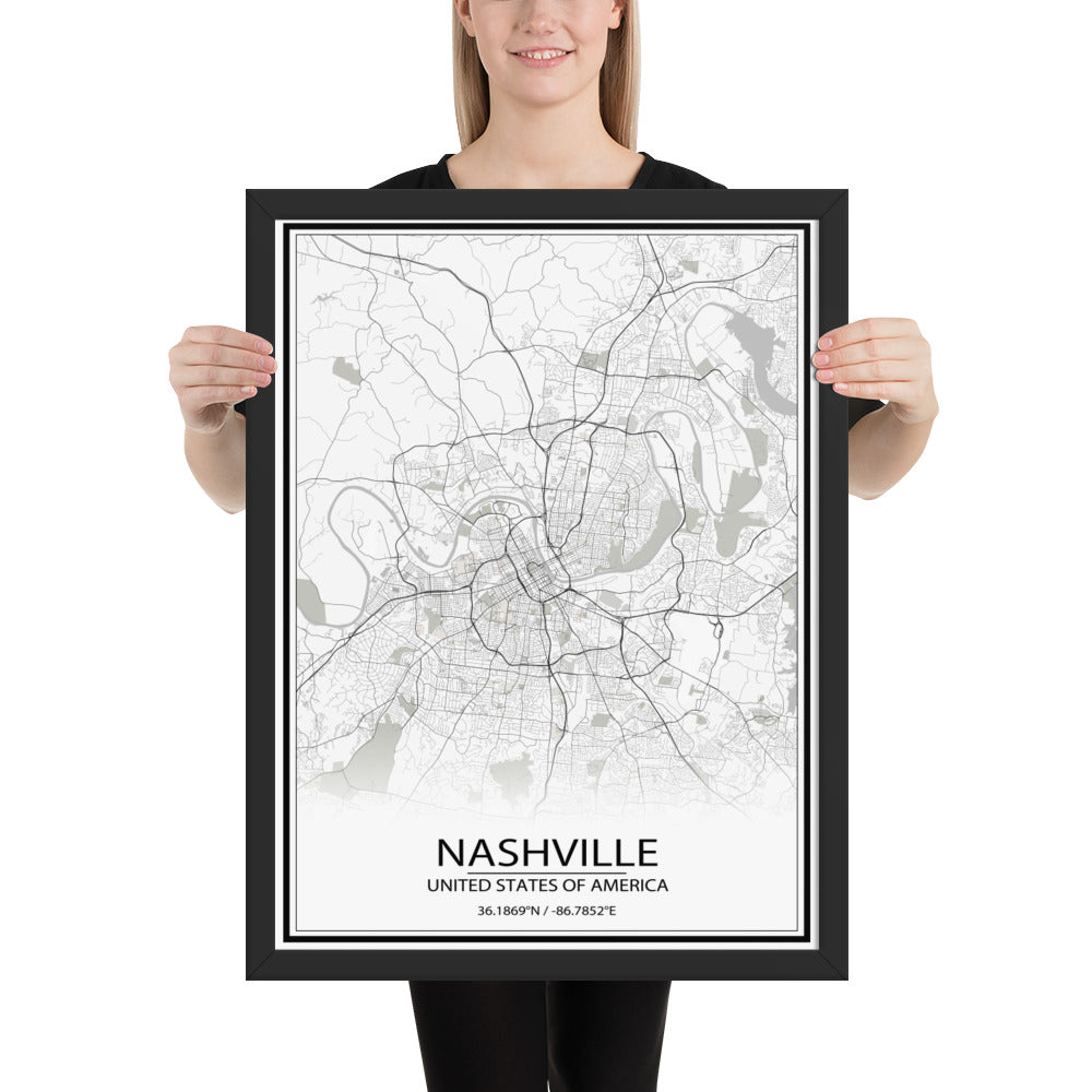 Nashville White Framed Map