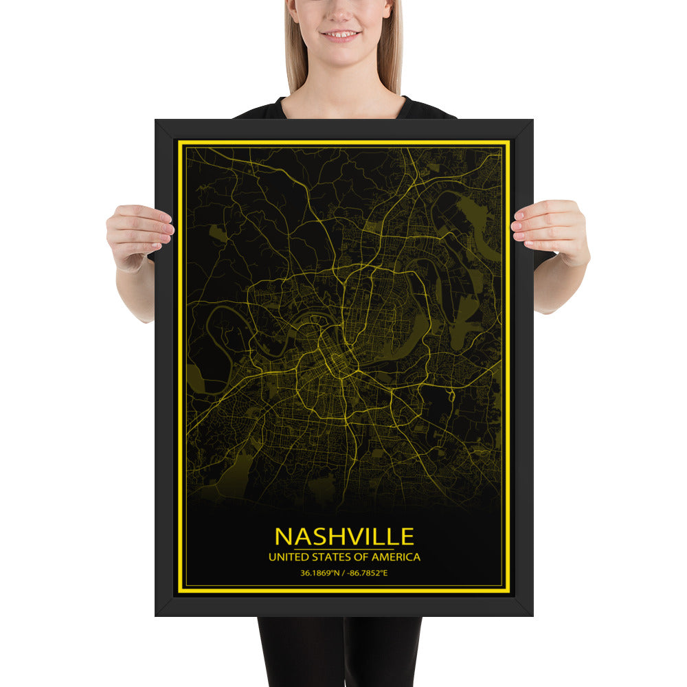 Nashville Black and Yellow Framed Map