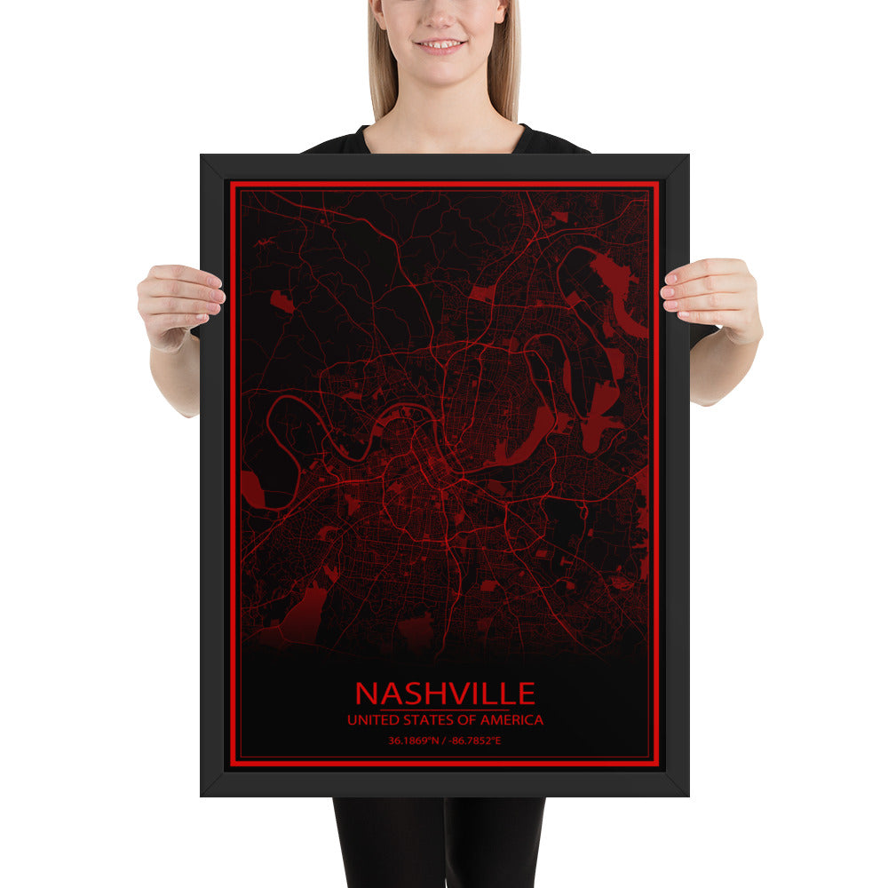 Nashville Black and Red Framed Map