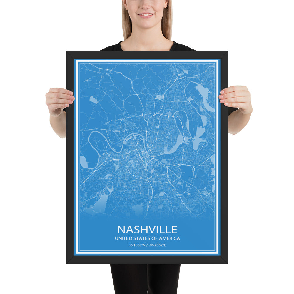 Nashville Blue and White Framed Map