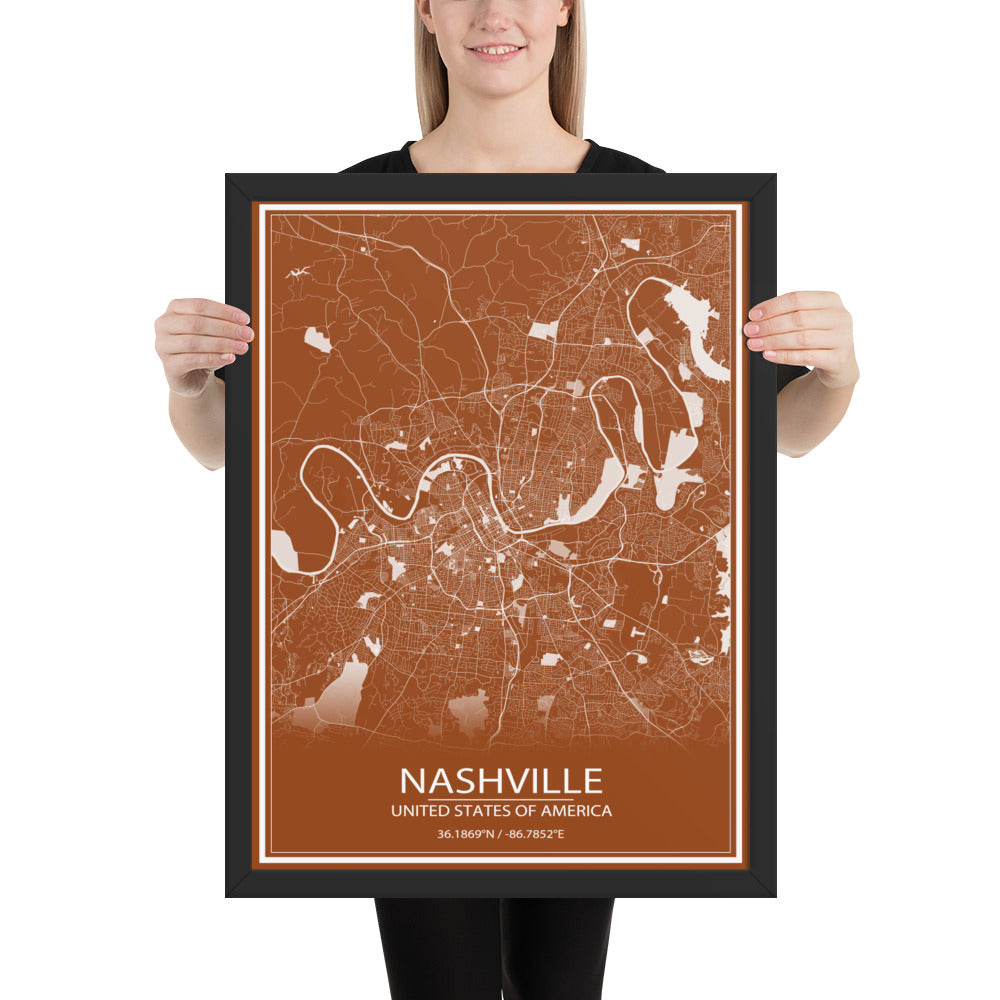 Nashville Brown and White Framed Map