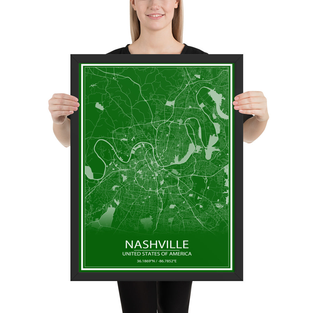 Nashville Green and White Framed Map