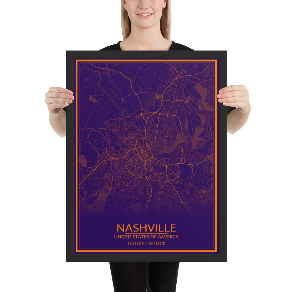 Nashville Purple and Orange Framed Map