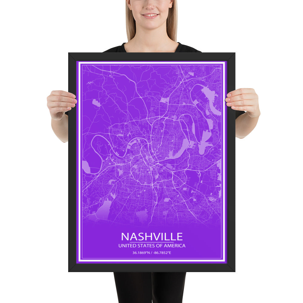 Nashville Purple and White Framed Map