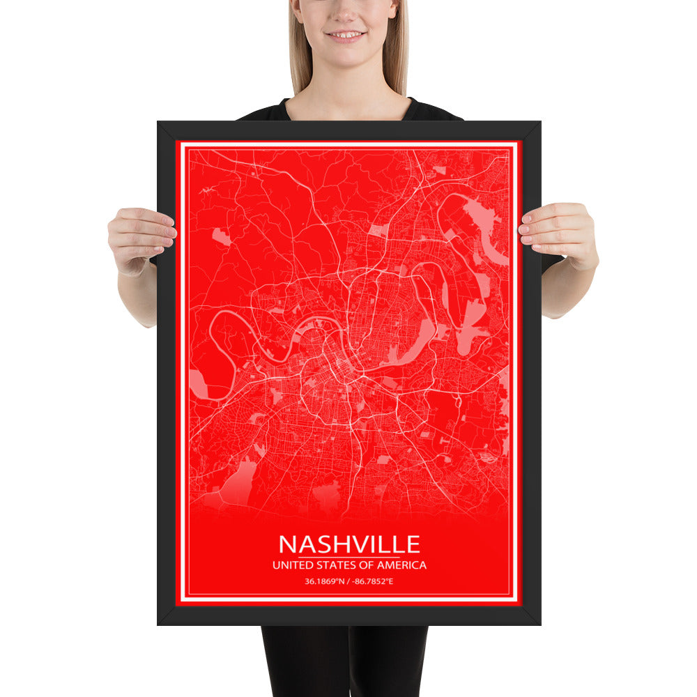 Nashville Red and White Framed Map