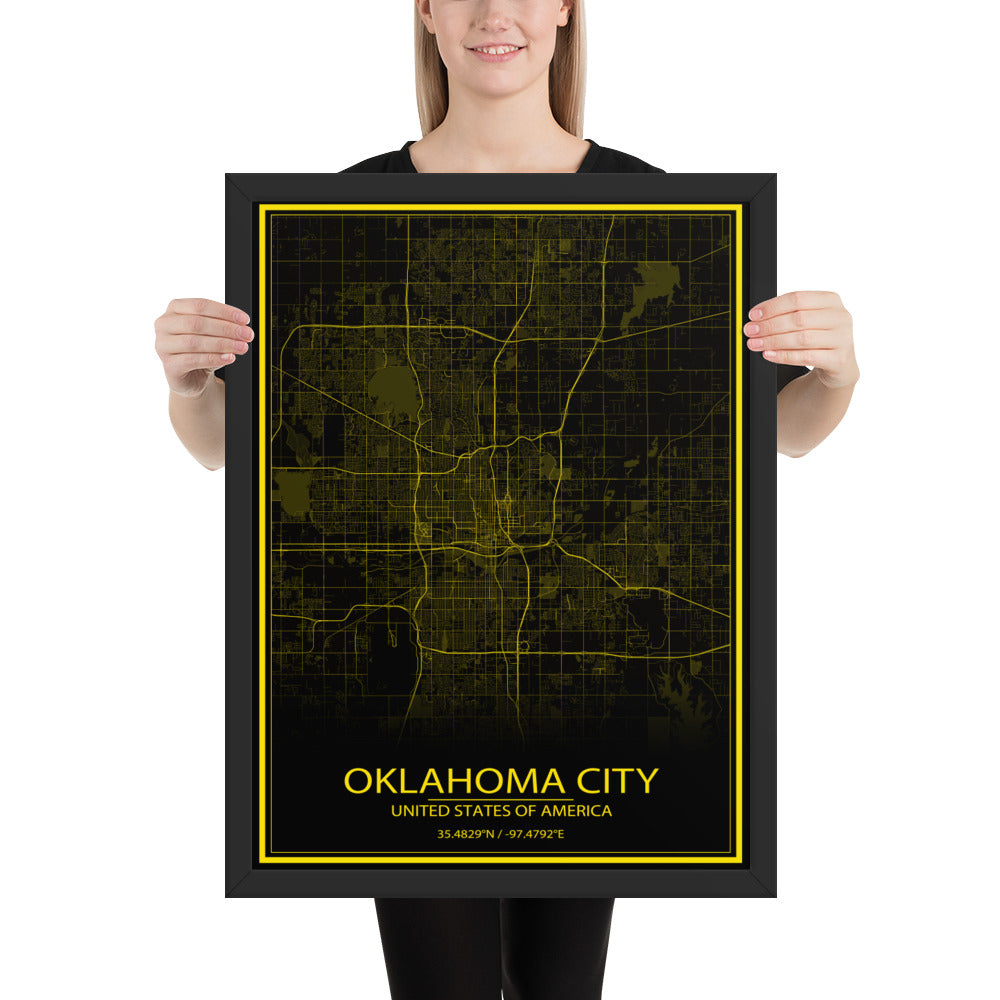 Oklahoma City Black and Yellow Framed Map