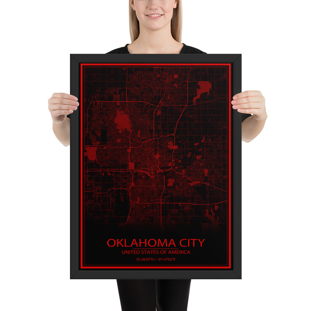 Oklahoma City Black and Red Framed Map