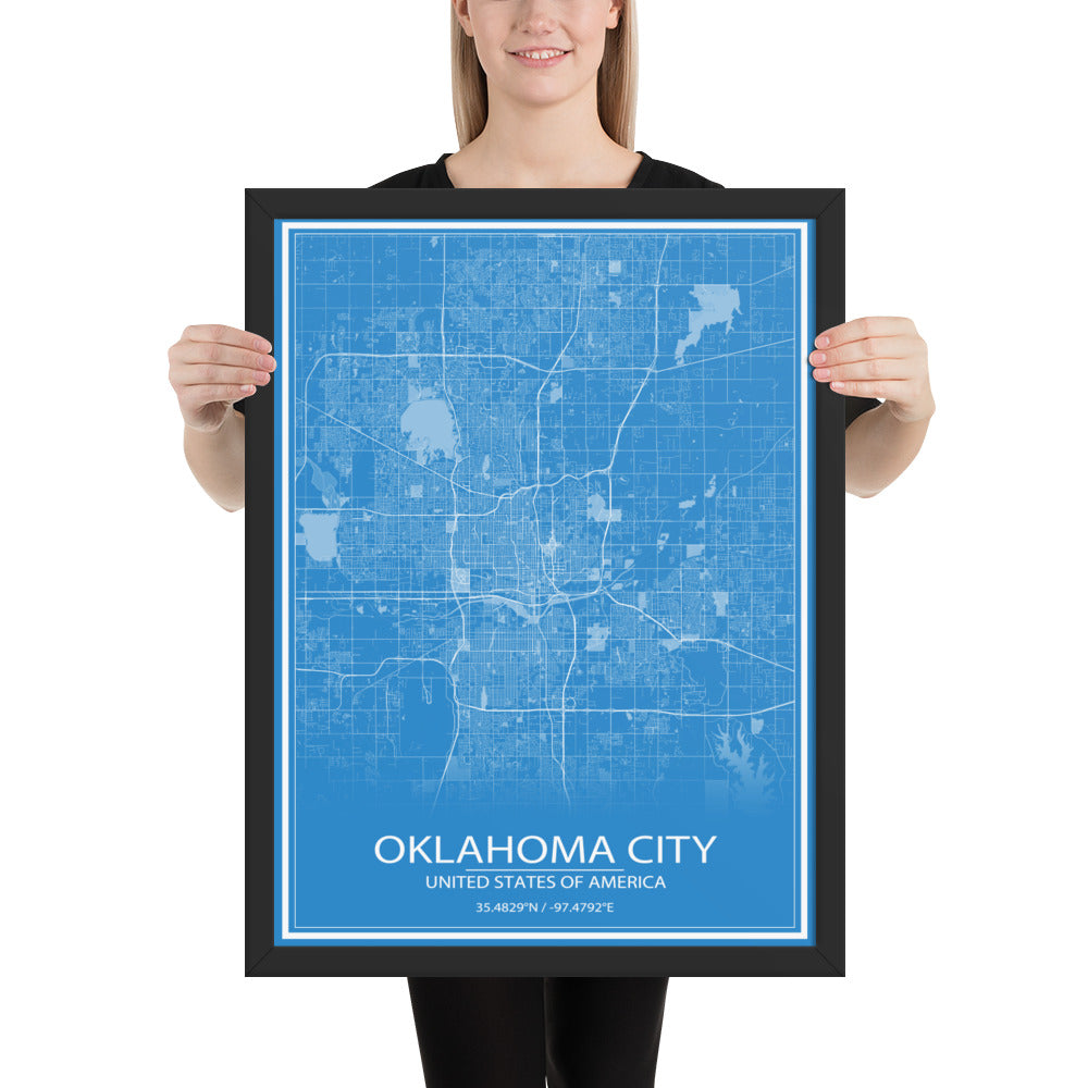 Oklahoma City Blue and White Framed Map