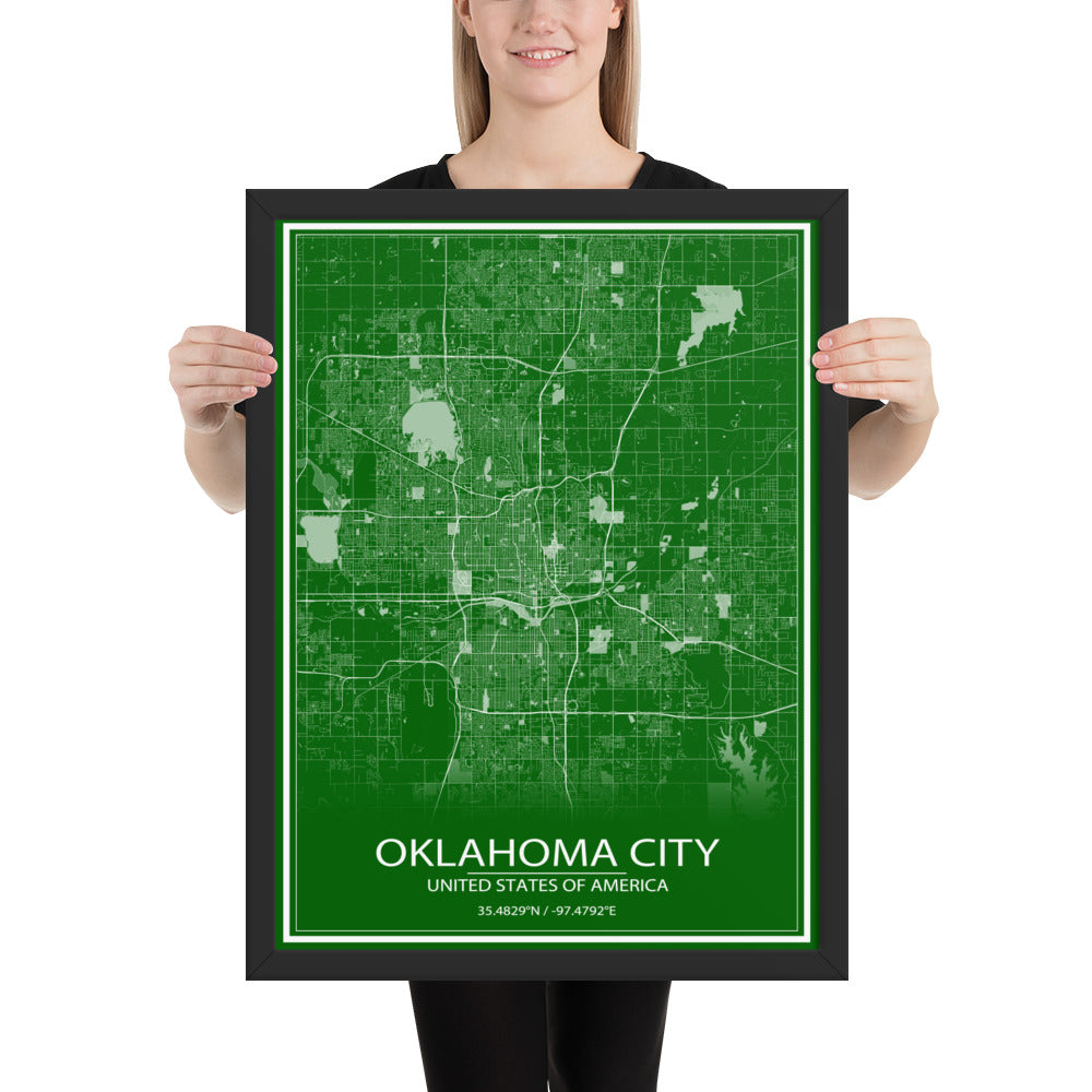 Oklahoma City Green and White Framed Map