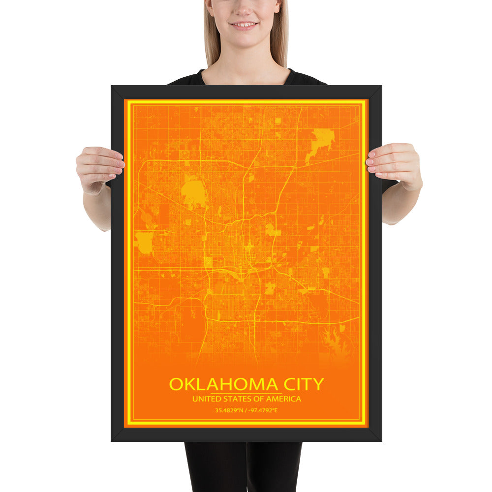 Oklahoma City Orange and Yellow Framed Map