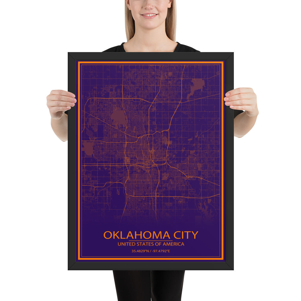 Oklahoma City Purple and Orange Framed Map