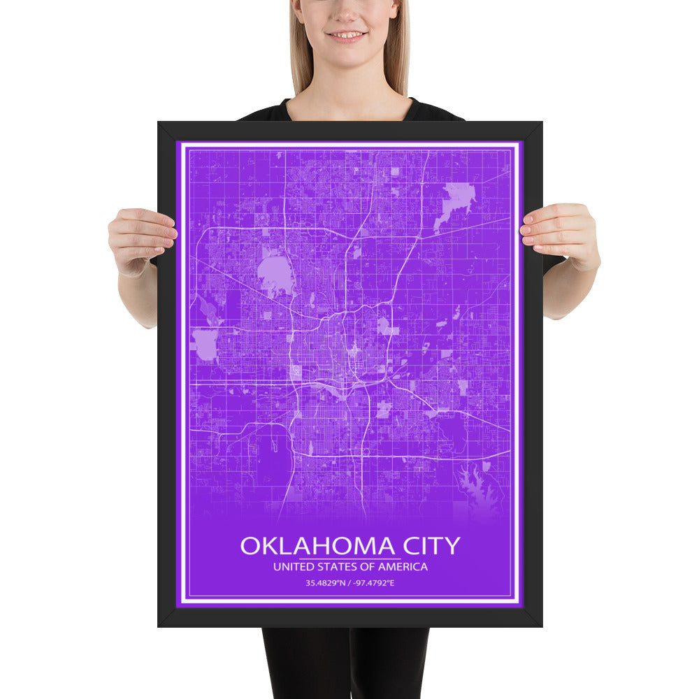 Oklahoma City Purple and White Framed Map