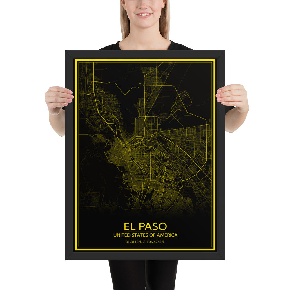 El Paso Black and Yellow Framed Map