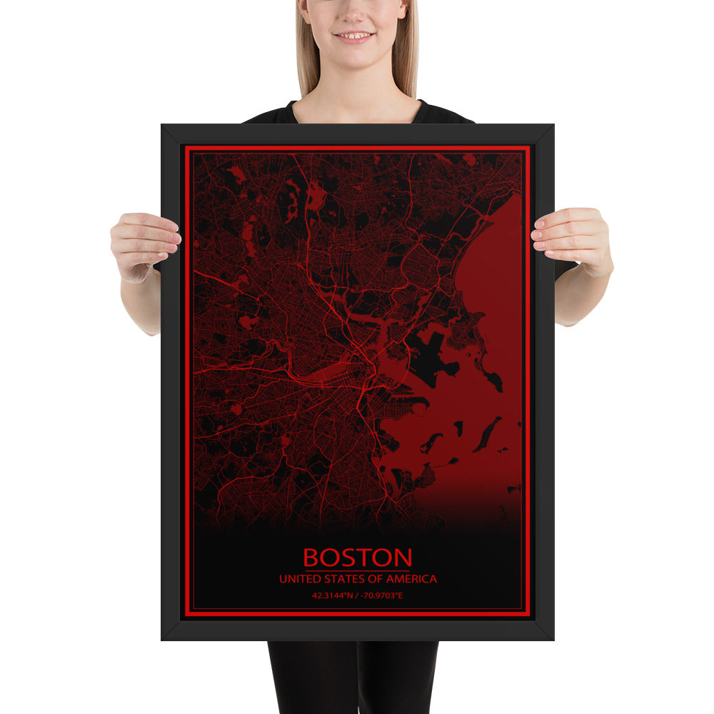 Boston Black and Red Framed Map