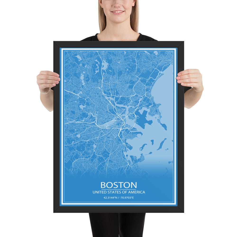 Boston Blue and White Framed Map