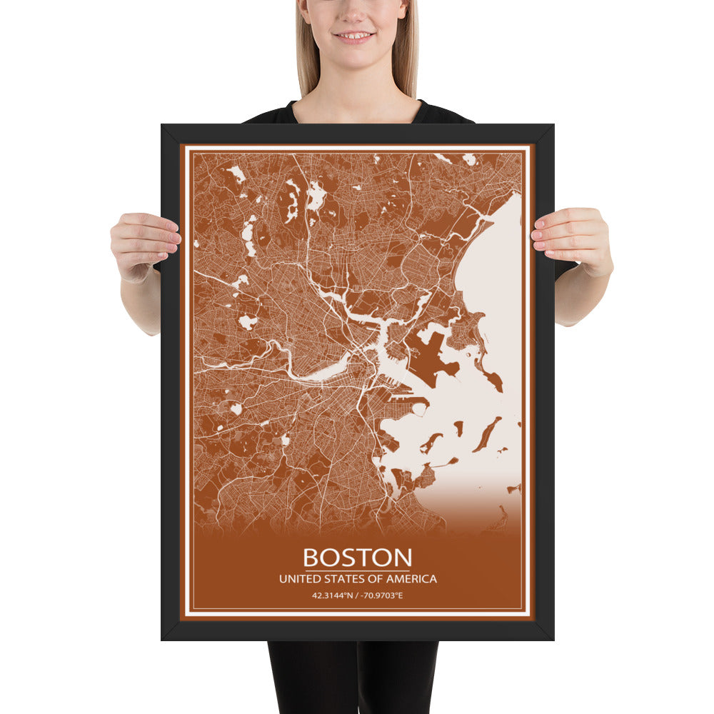 Boston Brown and White Framed Map