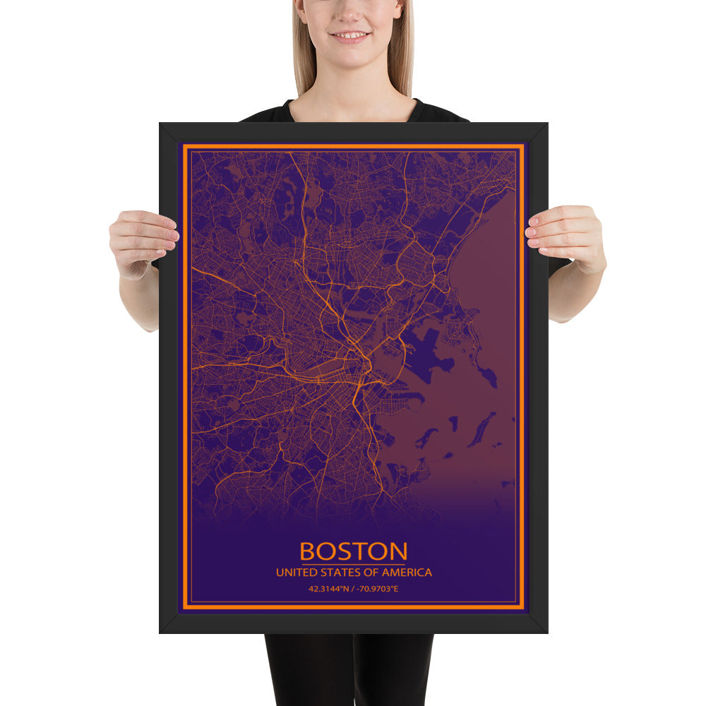 Boston Purple and Orange Framed Map