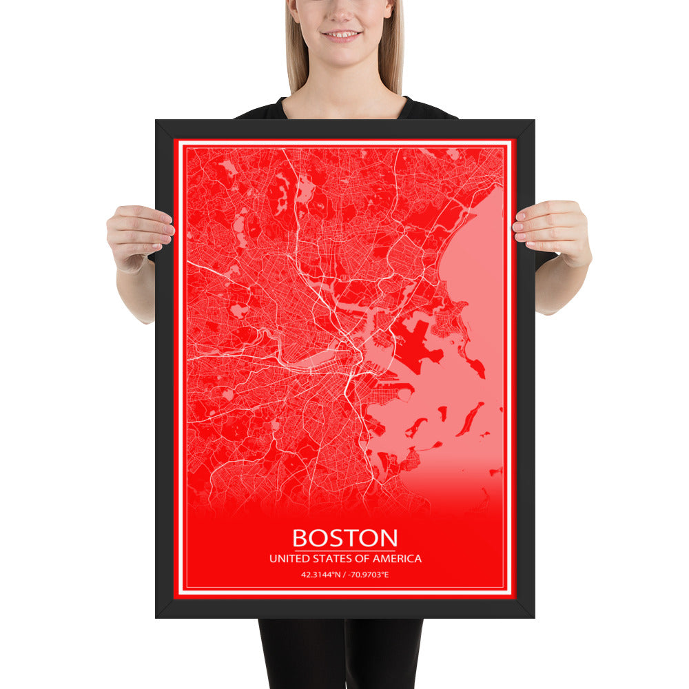 Boston Red and White Framed Map