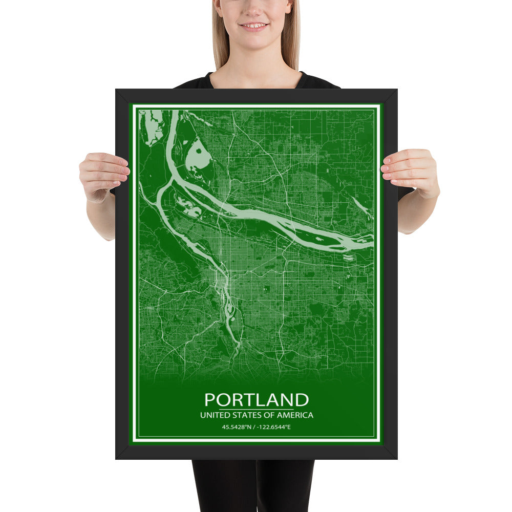 Portland Green and White Framed Map