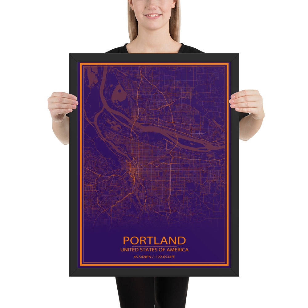 Portland Purple and Orange Framed Map