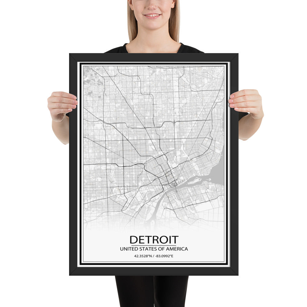 Detroit White Framed Map