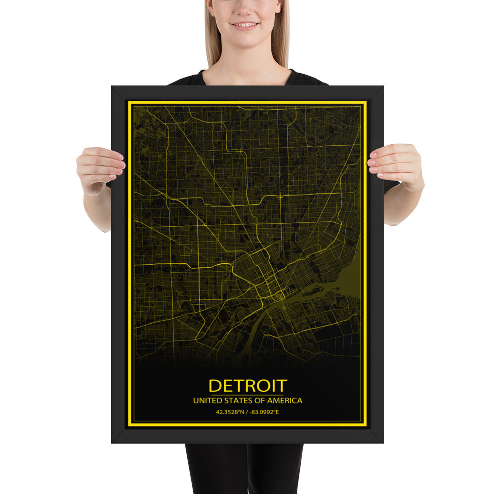 Detroit Black and Yellow Framed Map