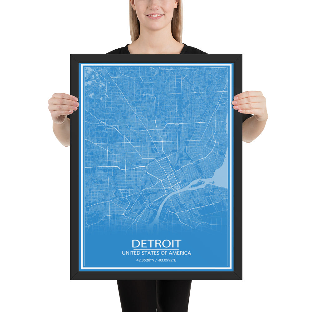 Detroit Blue and White Framed Map