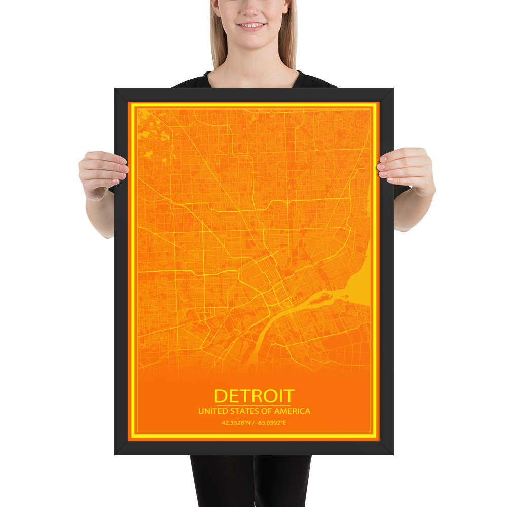 Detroit Orange and Yellow Framed Map